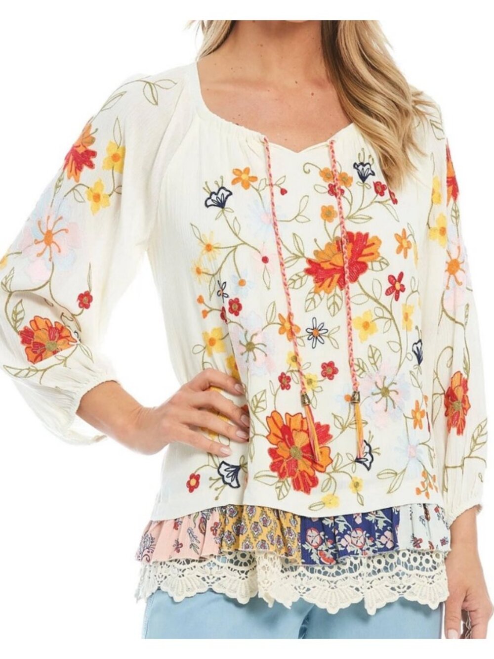John Mark SZXS Embroidered Multi Color Peasant Top Cottage Core Art to Wear Boho